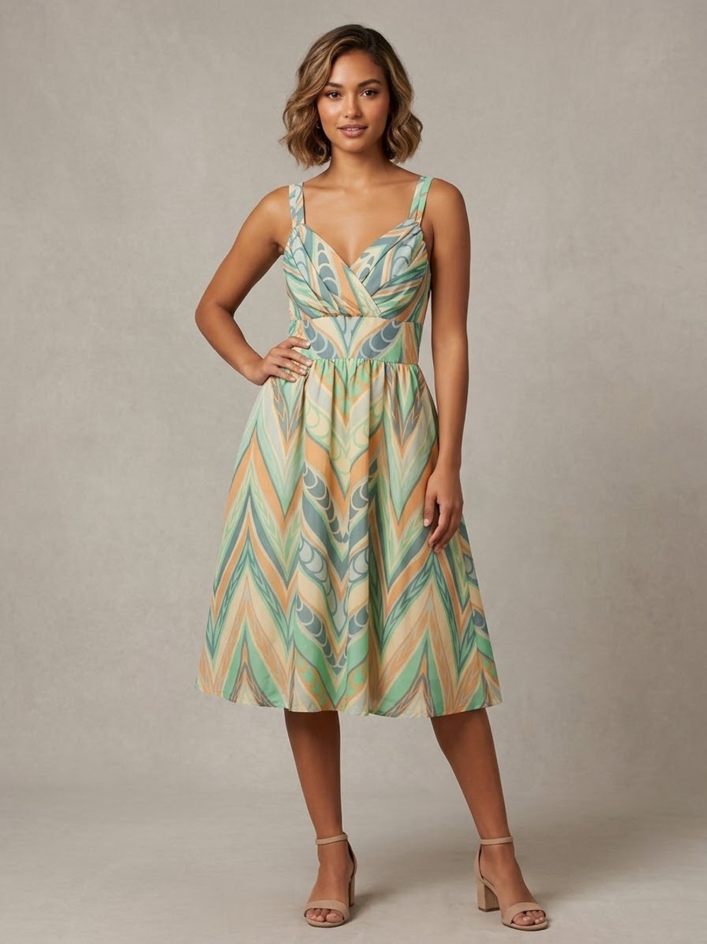 Anthropologie Mint, Peach & Cream Chevron Midi Dress